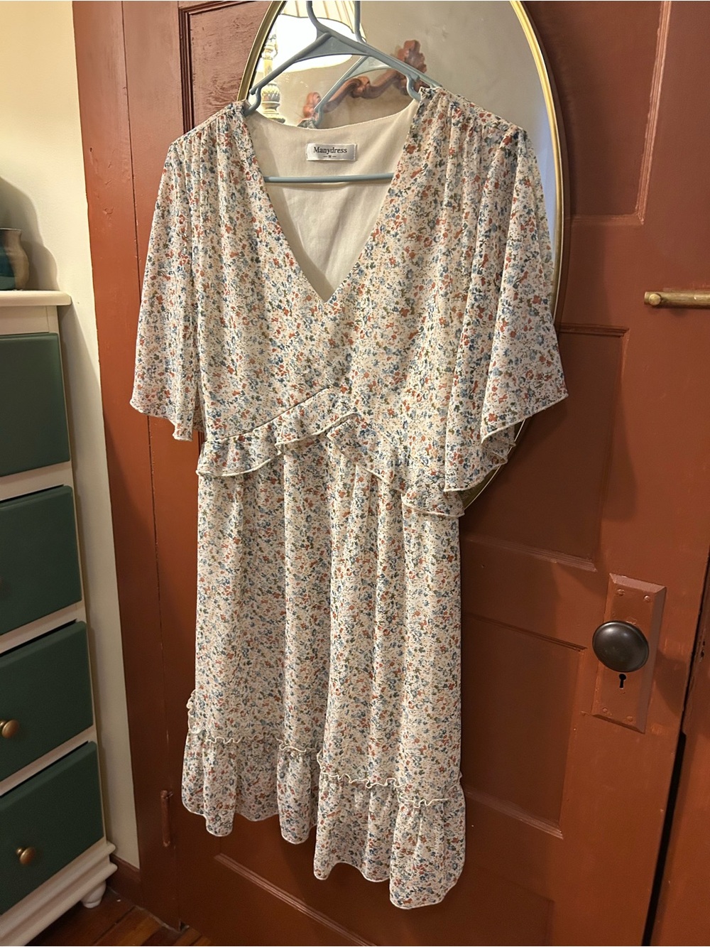 Marydress Cream Floral Midi Dress with Blue and Orange Print
